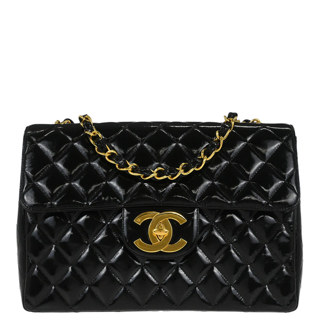 Chanel 1996-1997 Black Patent Leather Jumbo Classic Flap Shoulder Bag