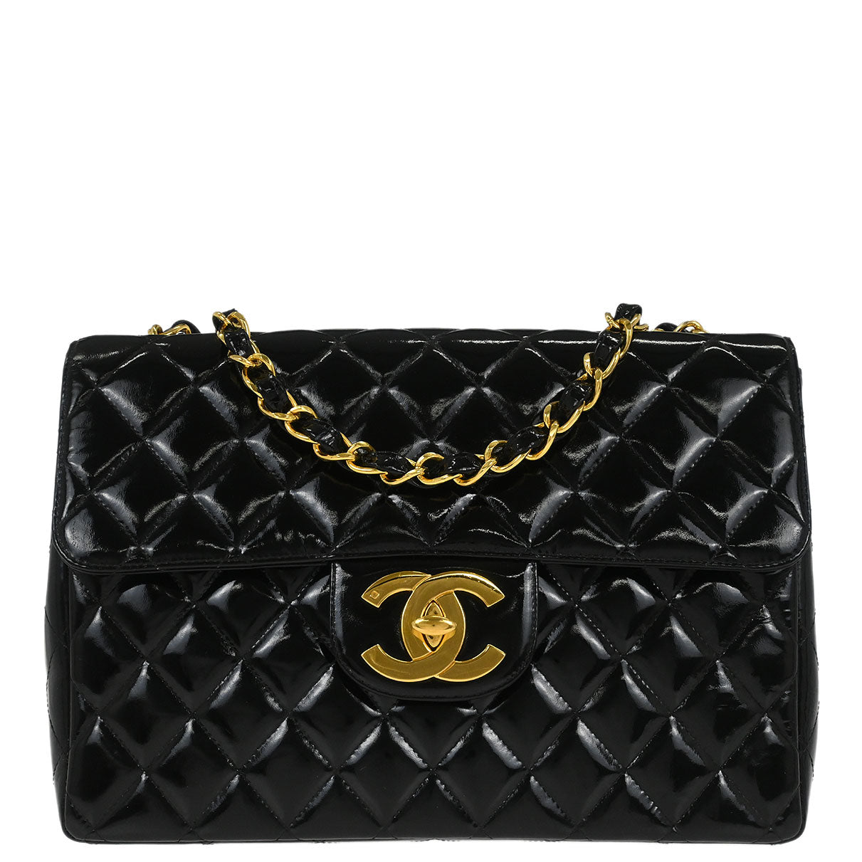 Chanel 1996-1997 Black Patent Leather Jumbo Classic Flap Shoulder Bag