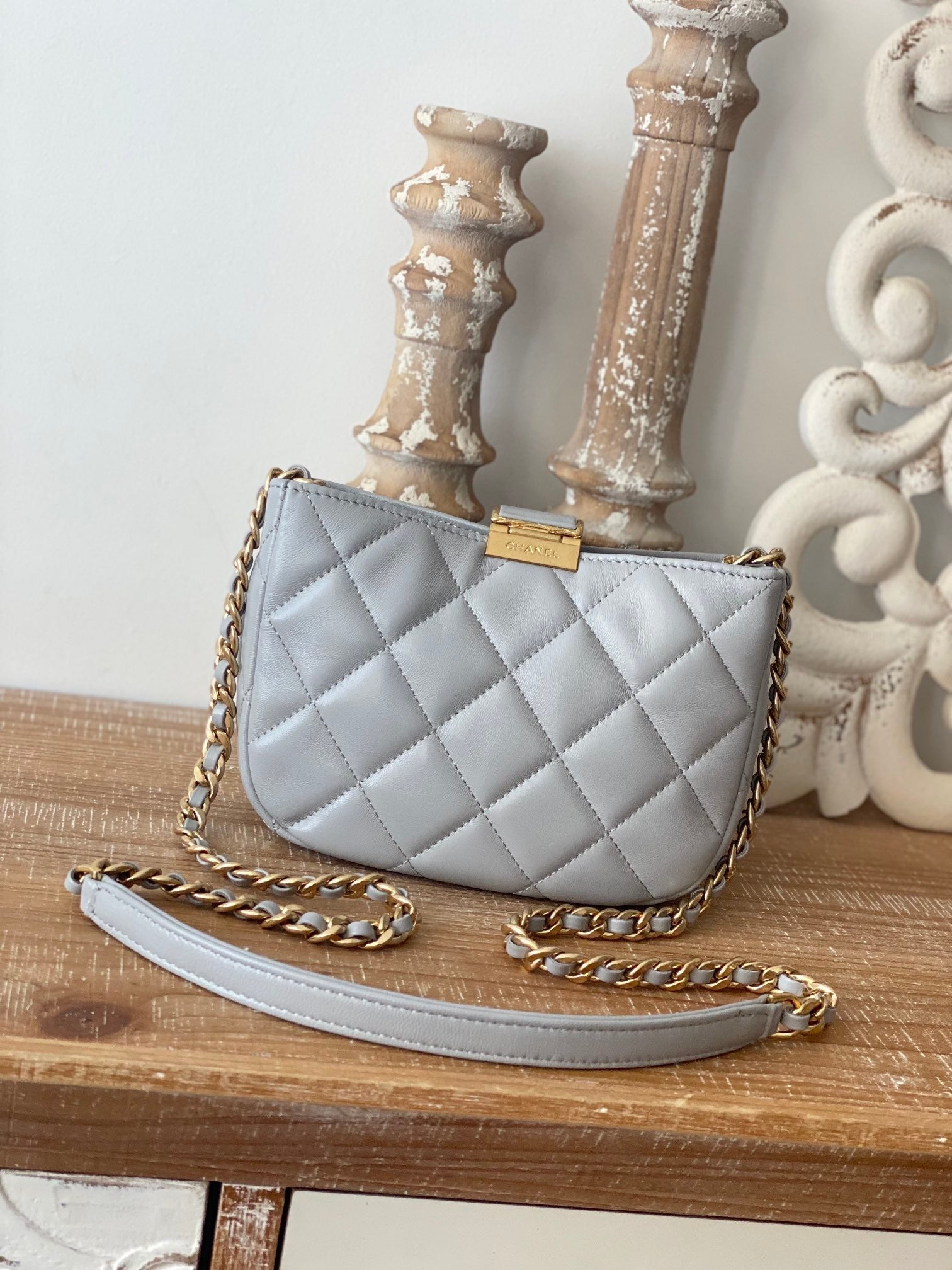 ChanelSmall Hobo Bag Gold Hardware Grey For Women Handbags, Shoulder Bags 7.5in/19cm