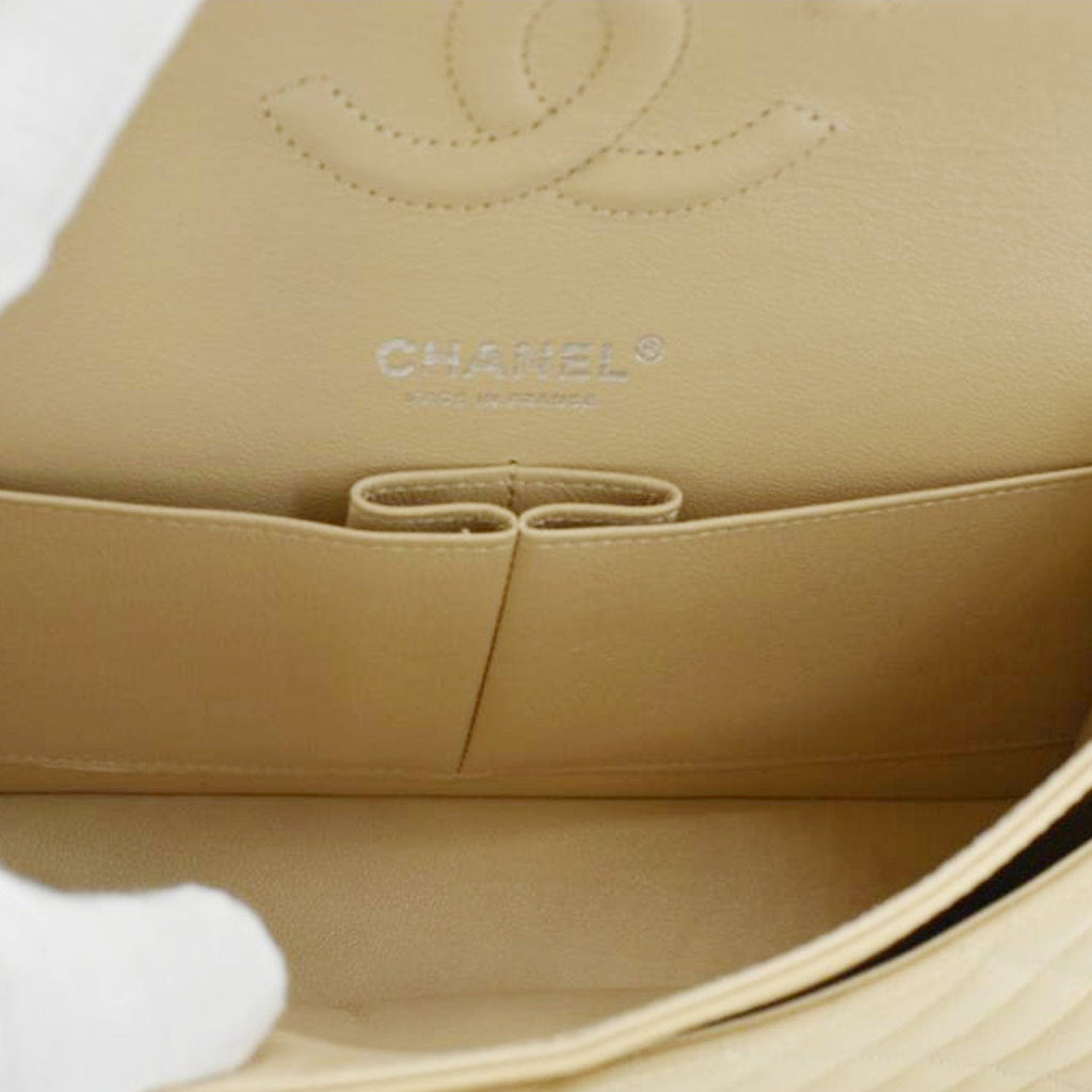 Chanel Classic Double Flap Medium Quilted Caviar Leather Shoulder Bag Beige