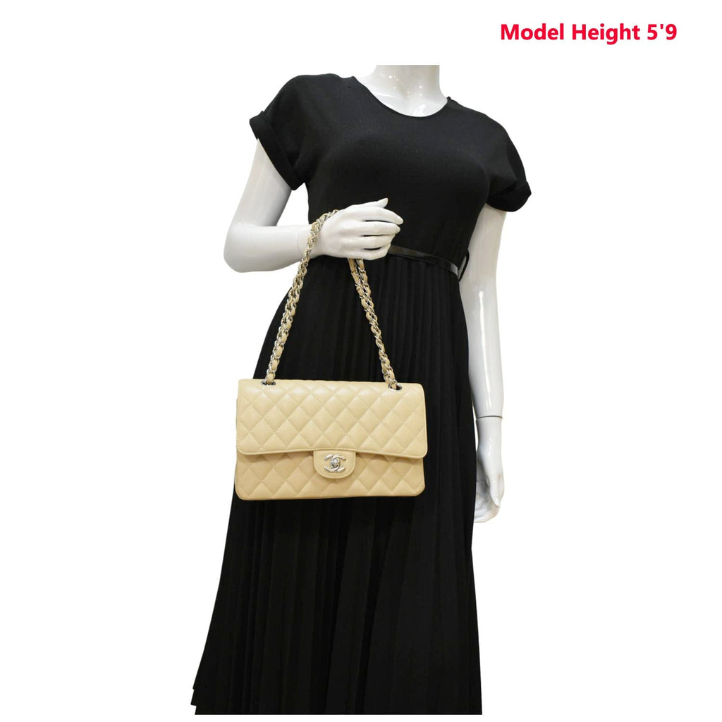 Chanel Classic Double Flap Medium Quilted Caviar Leather Shoulder Bag Beige