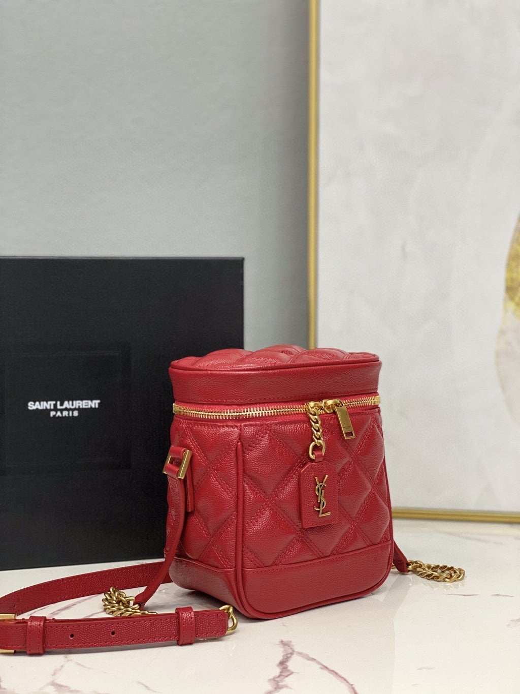 YSSL 80’s Vanity Bag In CarrÃ©-Quilted Grain De Poudre Red For Women 6in/16.5cm YSL 649779DME276805