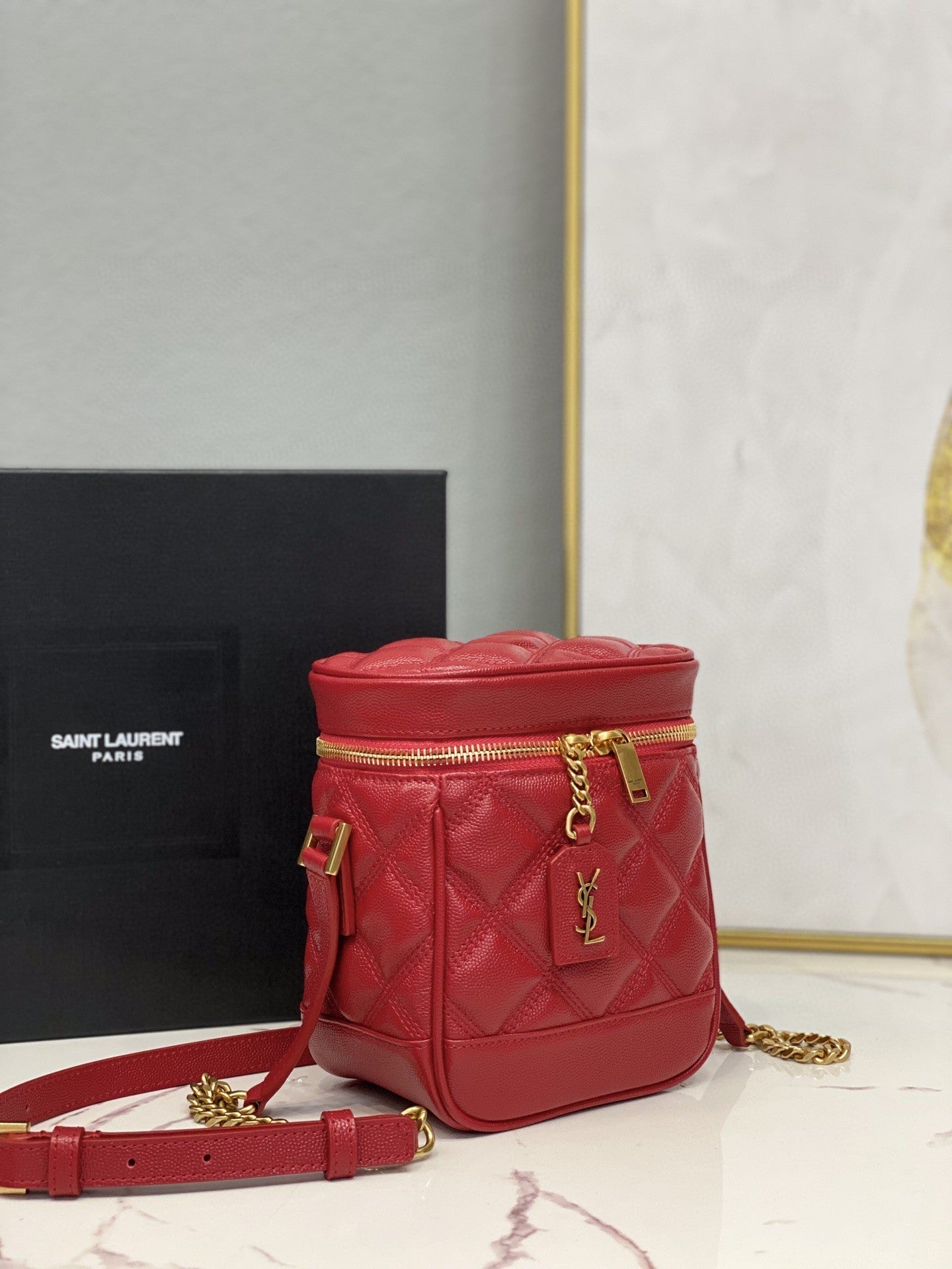 YSSL 80’s Vanity Bag In CarrÃ©-Quilted Grain De Poudre Red For Women 6in/16.5cm YSL 649779DME276805