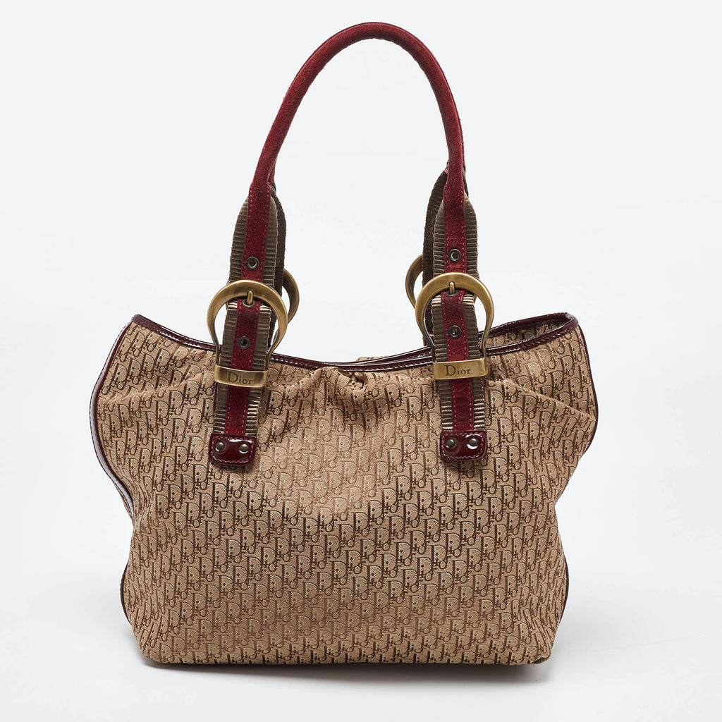 Dior Beige/maroon Oblique Canvas Suede And  Leather Tote