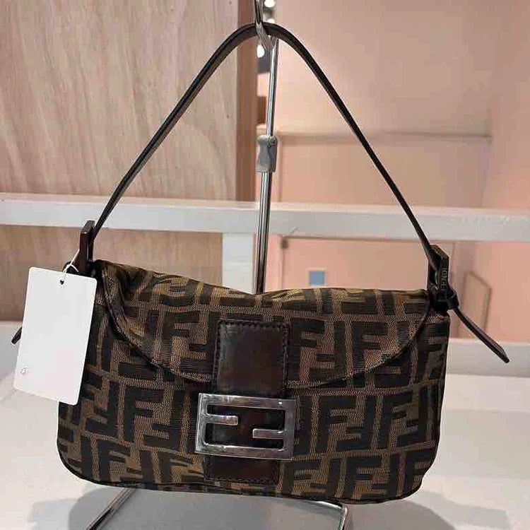 Zucchino Double Flap Baguette Shoulder Bag, Brown Canvas & Leather