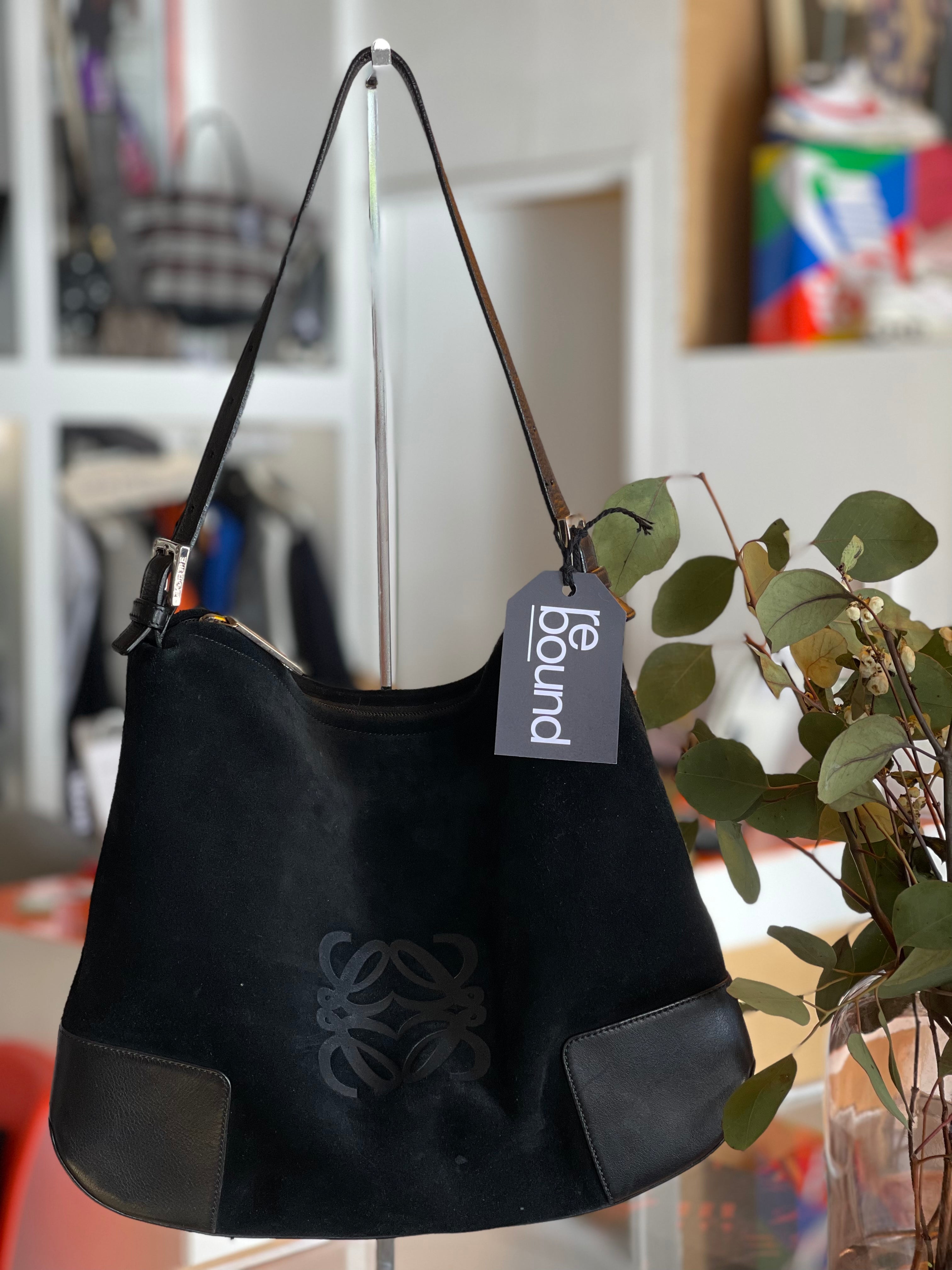 Loewe Black Suede Logo Shoulder Bag