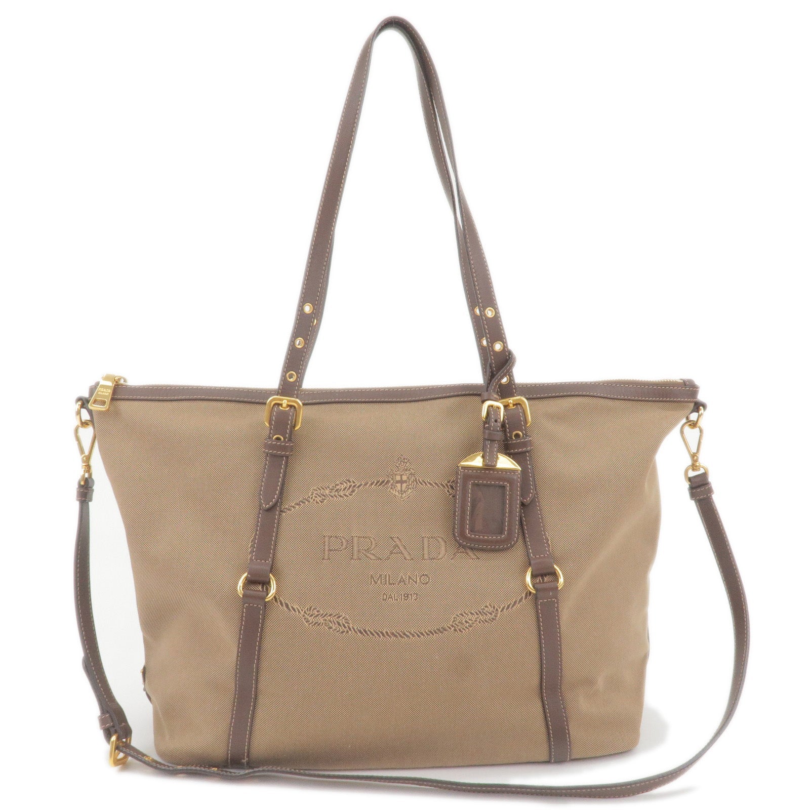 Prada Logo Jacquard Leather 2Way Tote Bag Beige Br BR4253