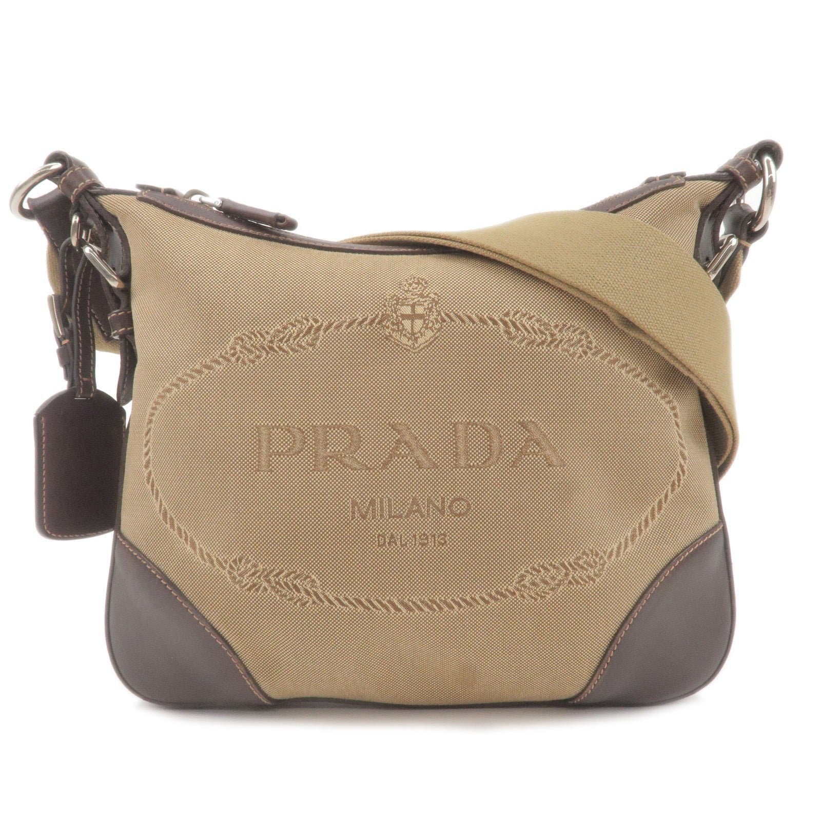 Prada Logo Jacquard Leather Shoulder Bag Beige Br BT0534