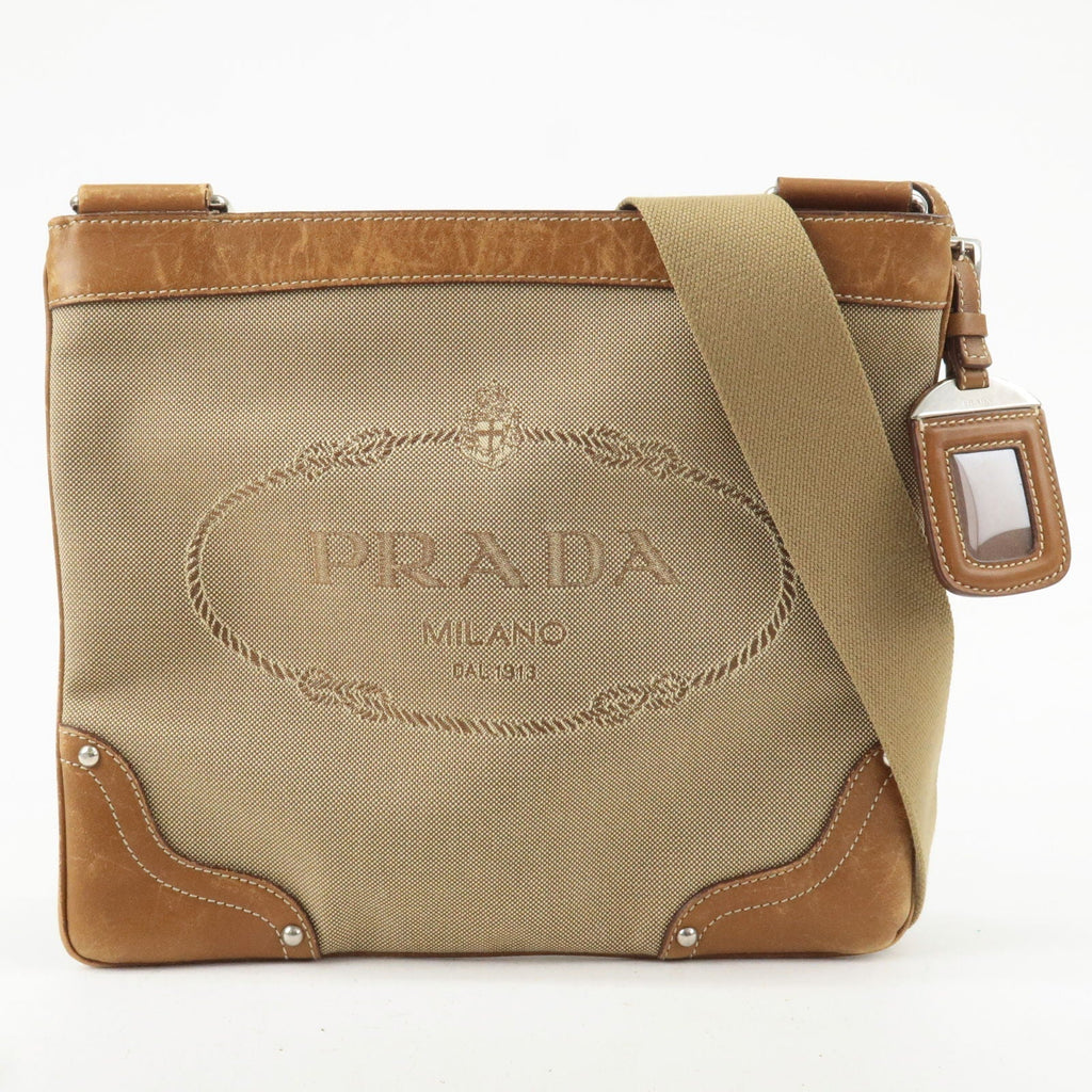 Prada Logo Jacquard Leather Shoulder Bag Beige Br BT0537