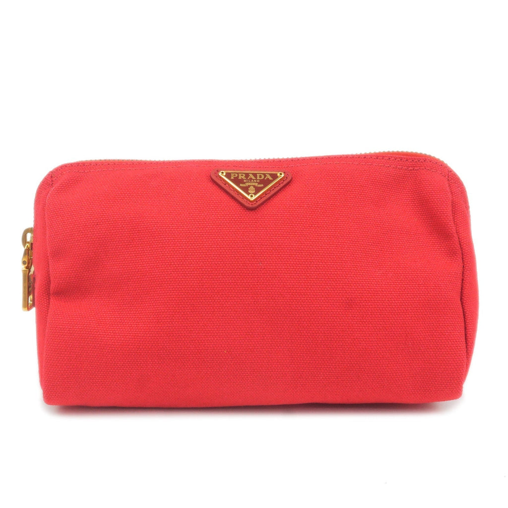 Prada Logo Canvas Pouch Clutch Bag Red Gold Hardware 1N0693