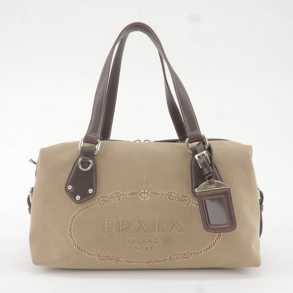 Prada Logo Jacquard Leather Boston Bag Beige Br BR3461