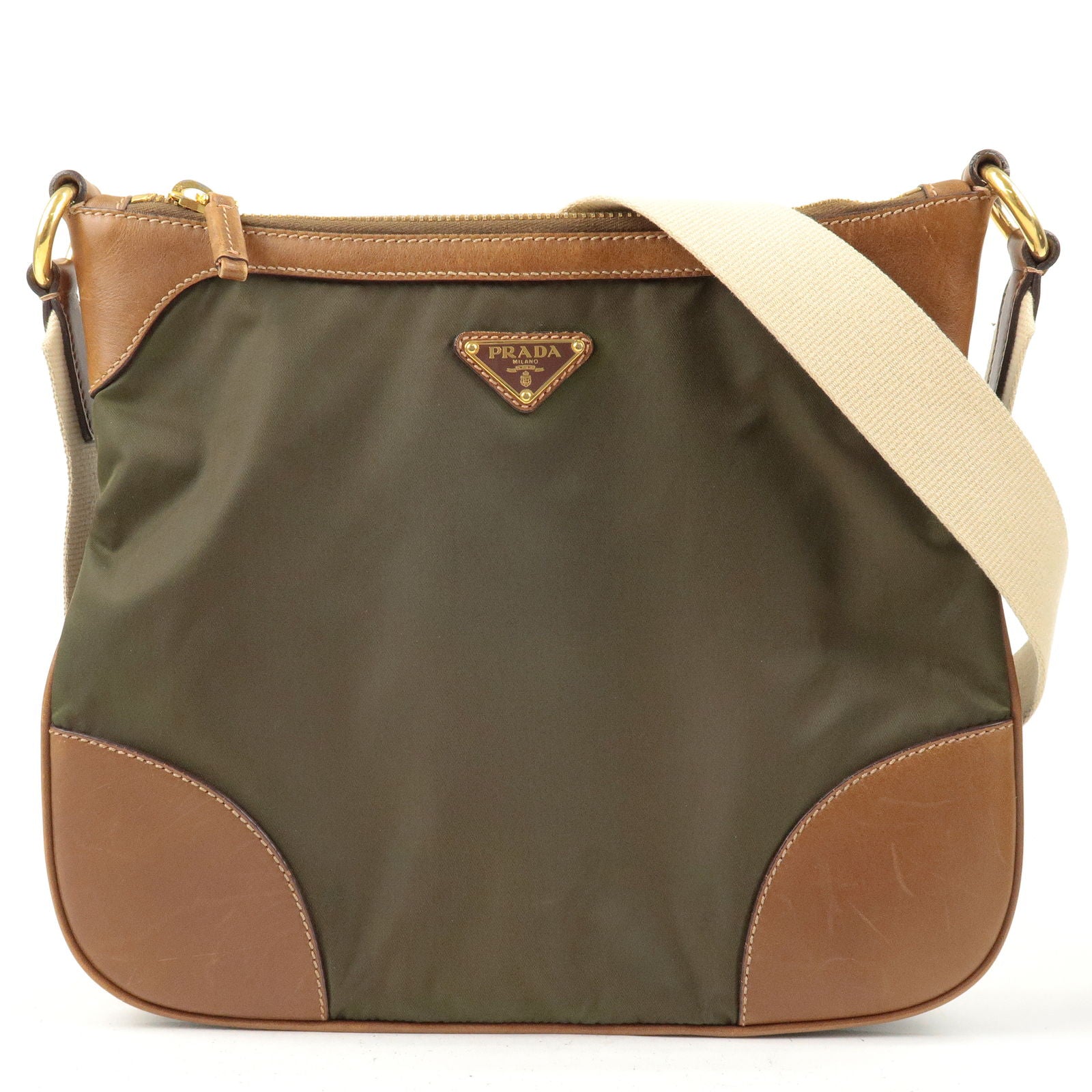 Prada Nylon Leather Shoulder Bag Khaki Br