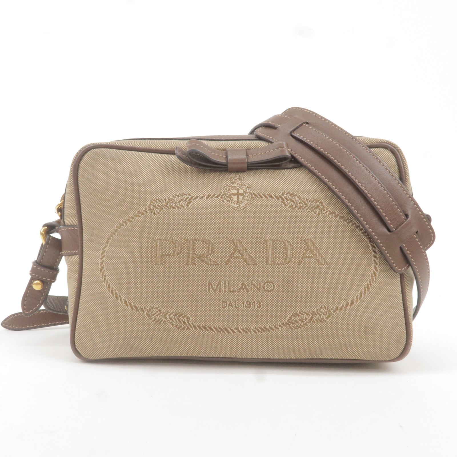 Prada Logo Jacquard Leather Shoulder Bag Beige Br 1BH089