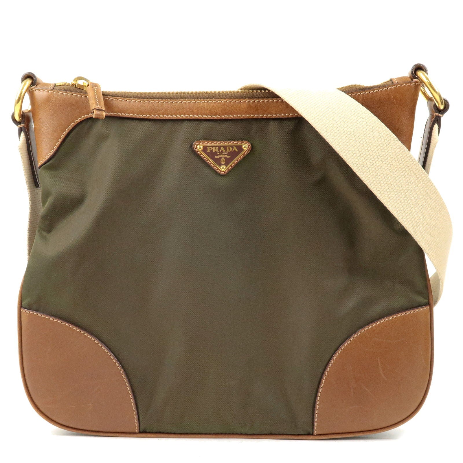 Prada Nylon Leather Shoulder Bag Khaki Br