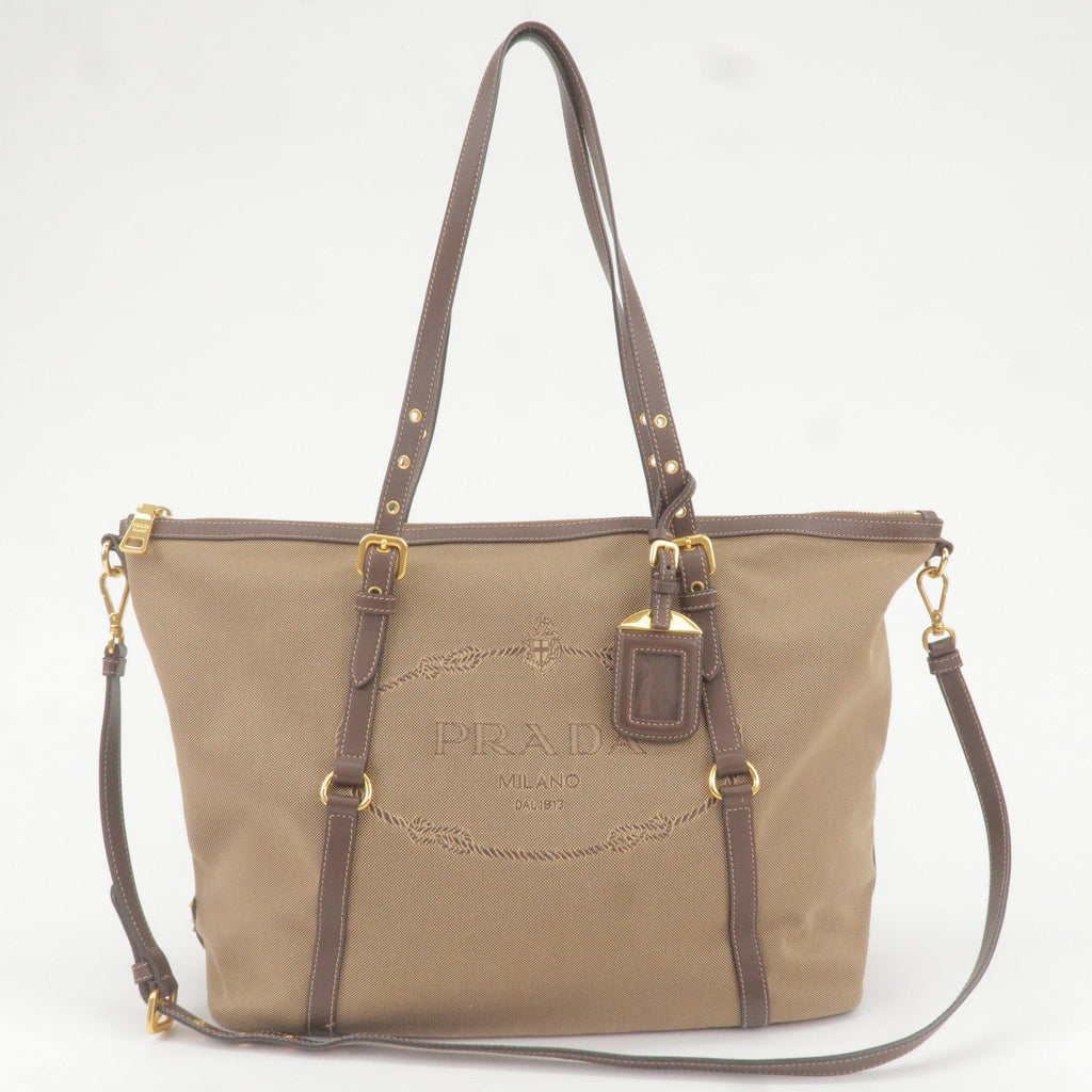 Prada Logo Jacquard Leather 2Way Tote Bag Beige Br BR4253