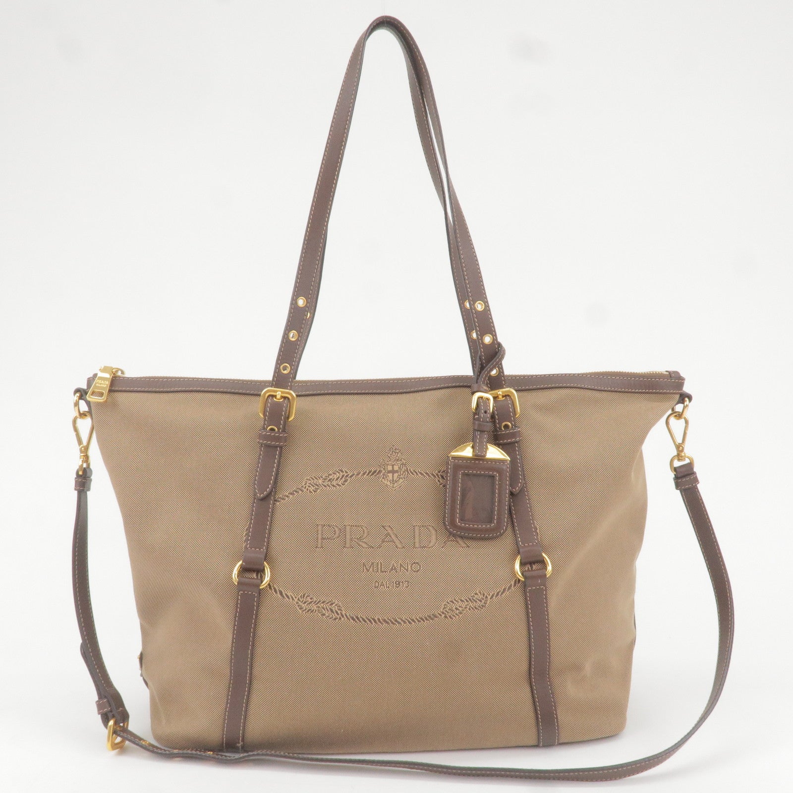 Prada Logo Jacquard Leather 2Way Tote Bag Beige Br BR4253