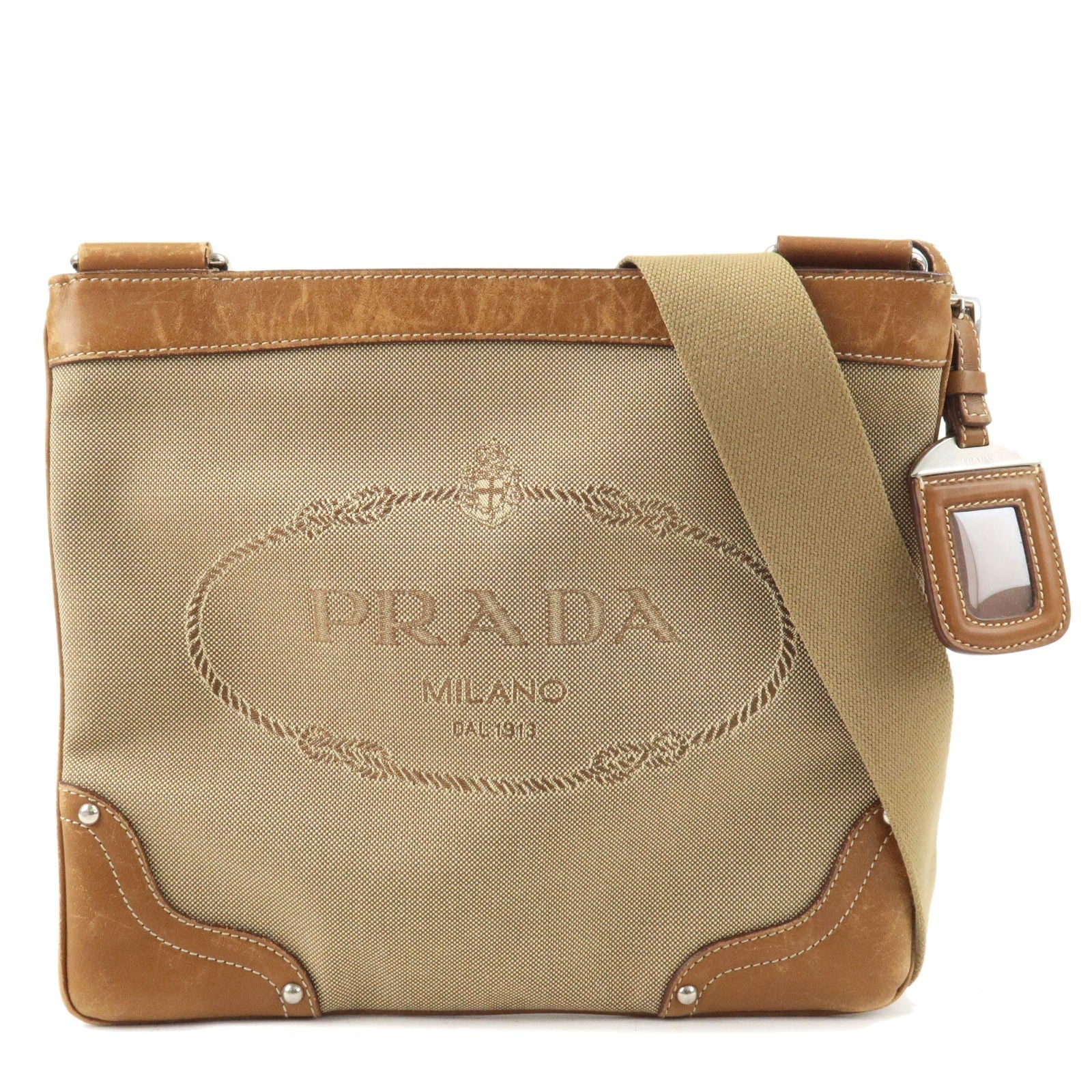Prada Logo Jacquard Leather Shoulder Bag Beige Br BT0537