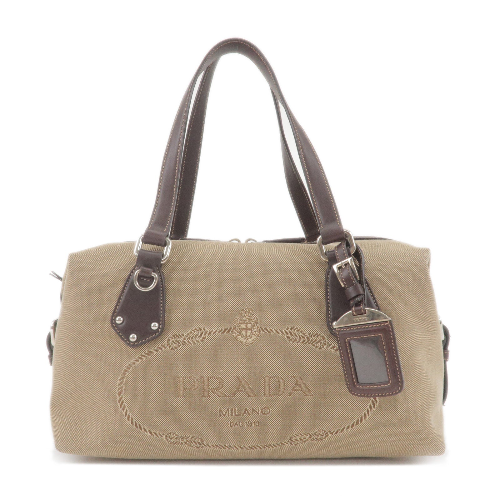Prada Logo Jacquard Leather Boston Bag Beige Br BR3461