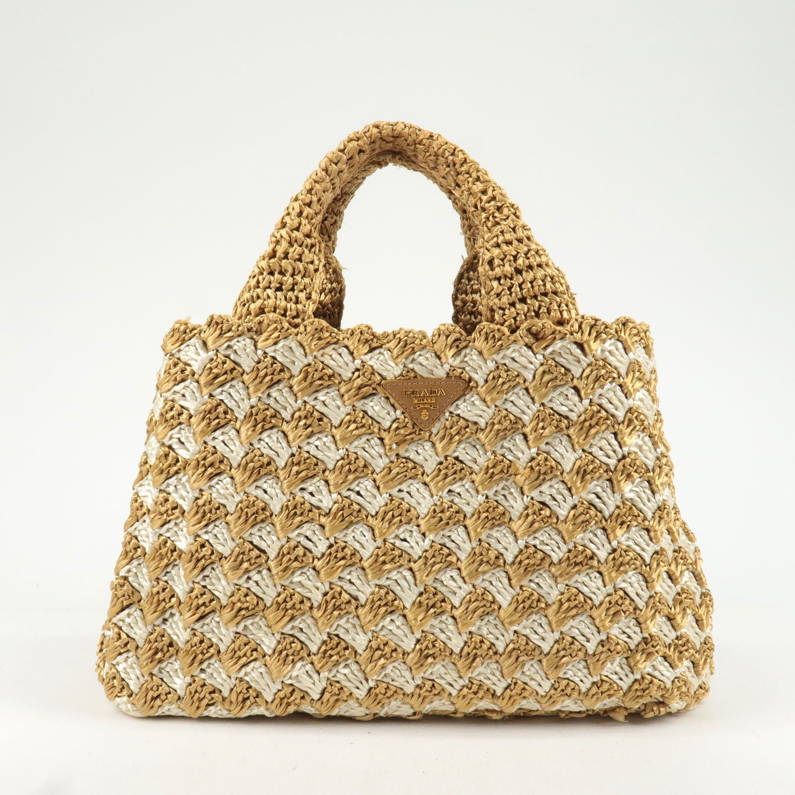 Prada Logo Raffia Crochet Tote Bag Hand Bag Beige Ivory BN2303