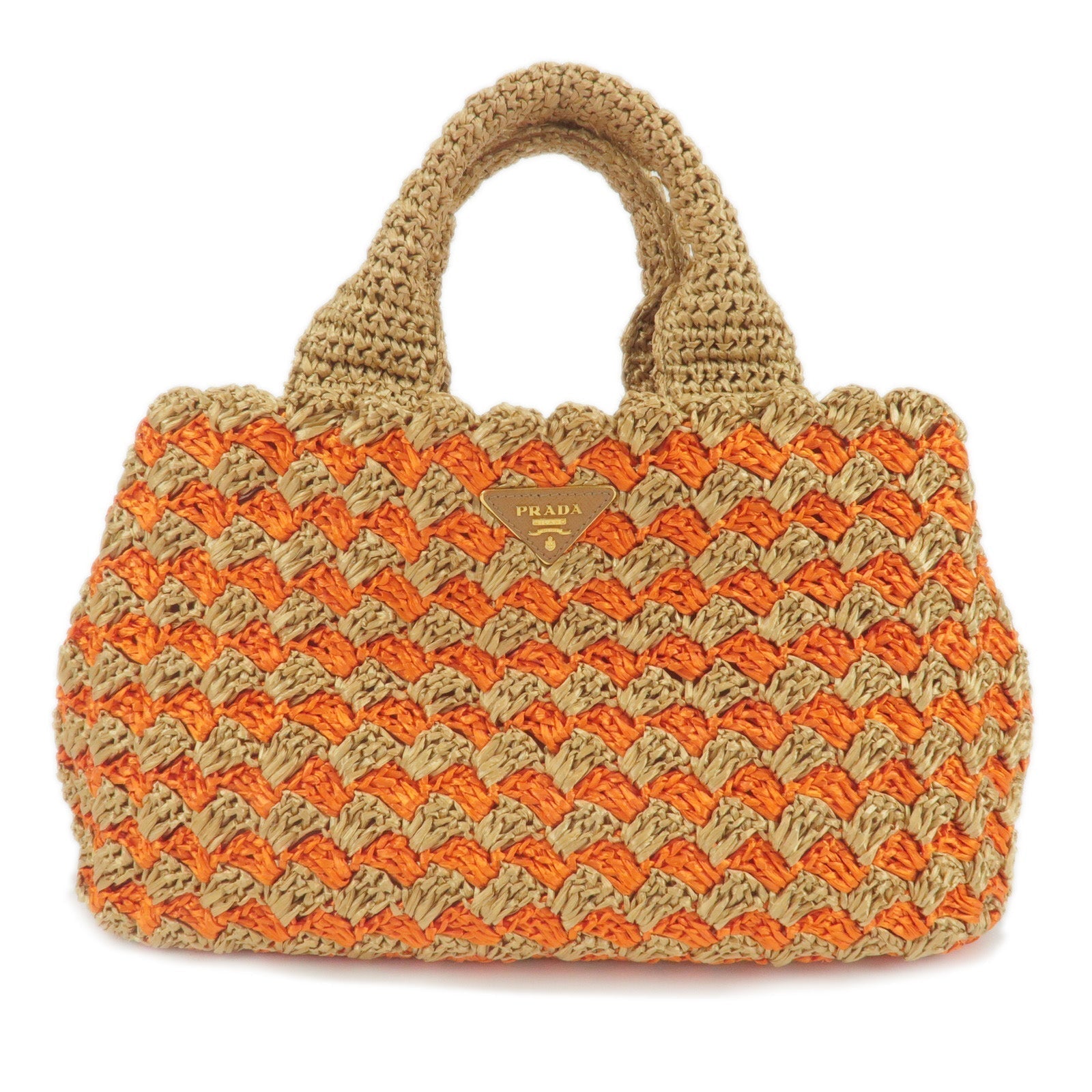 Prada Logo Raffia Crochet Tote Bag Hand Bag Br Orange BN2303