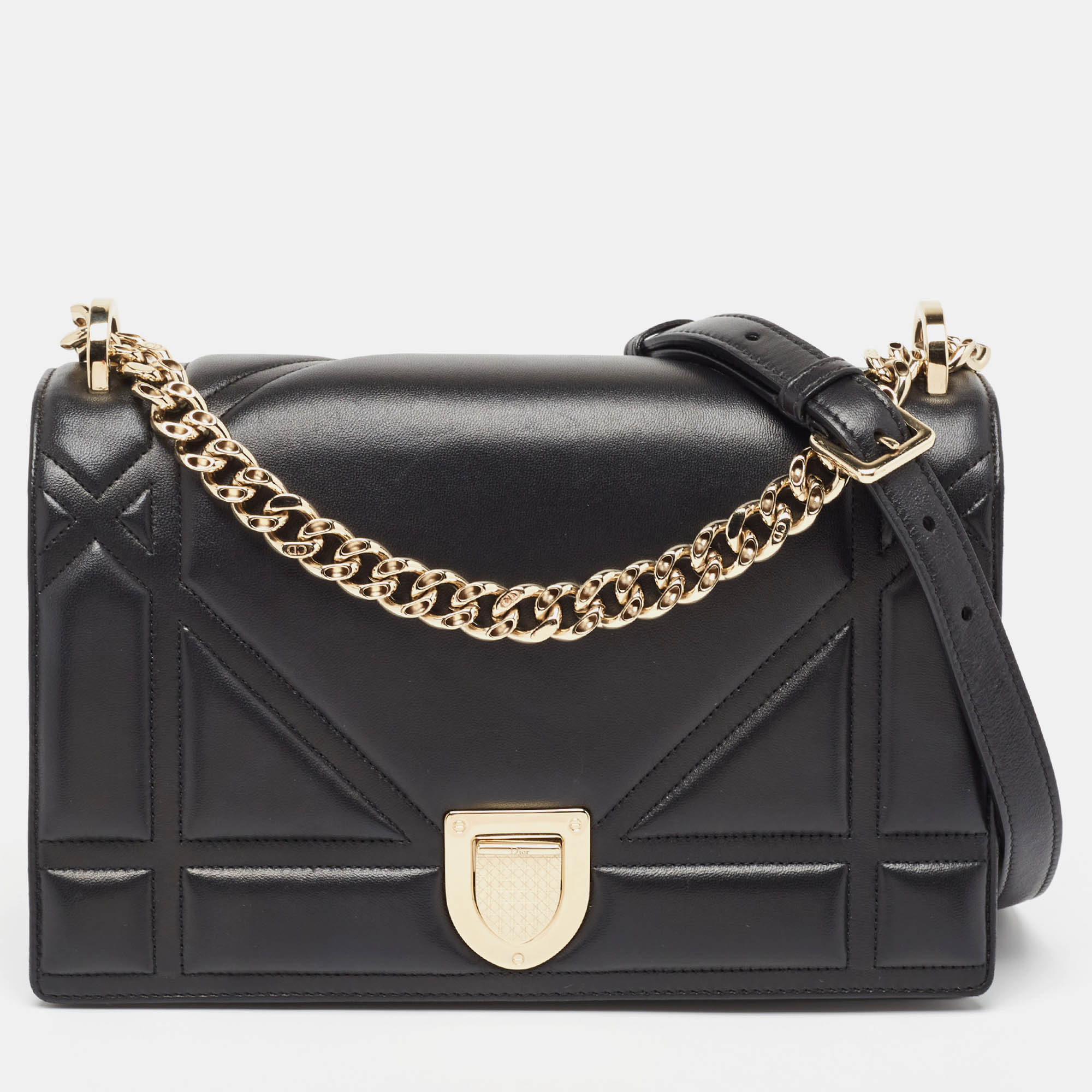 Black Leather Medium Diorama Flap Shoulder Bag
