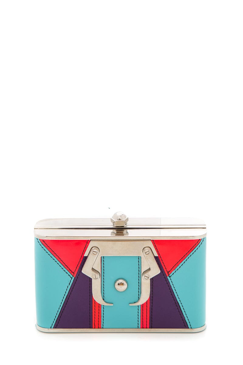 Paula Cademartori Leather Paneled Aqua & Purple Clutch NWT