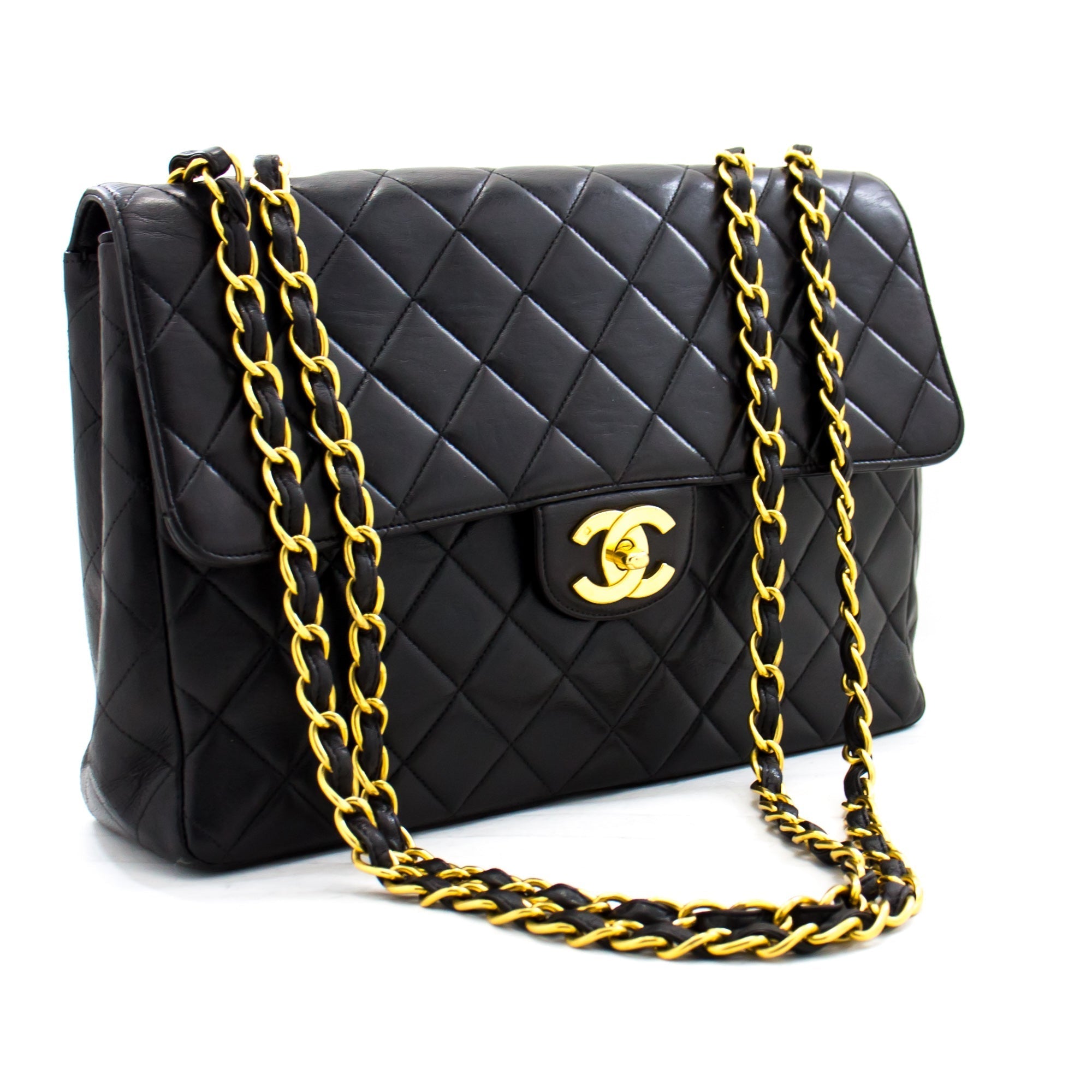 CHANEL Jumbo 11" Large Chain Shoulder Bag Flap Black Lambskin Gold f35