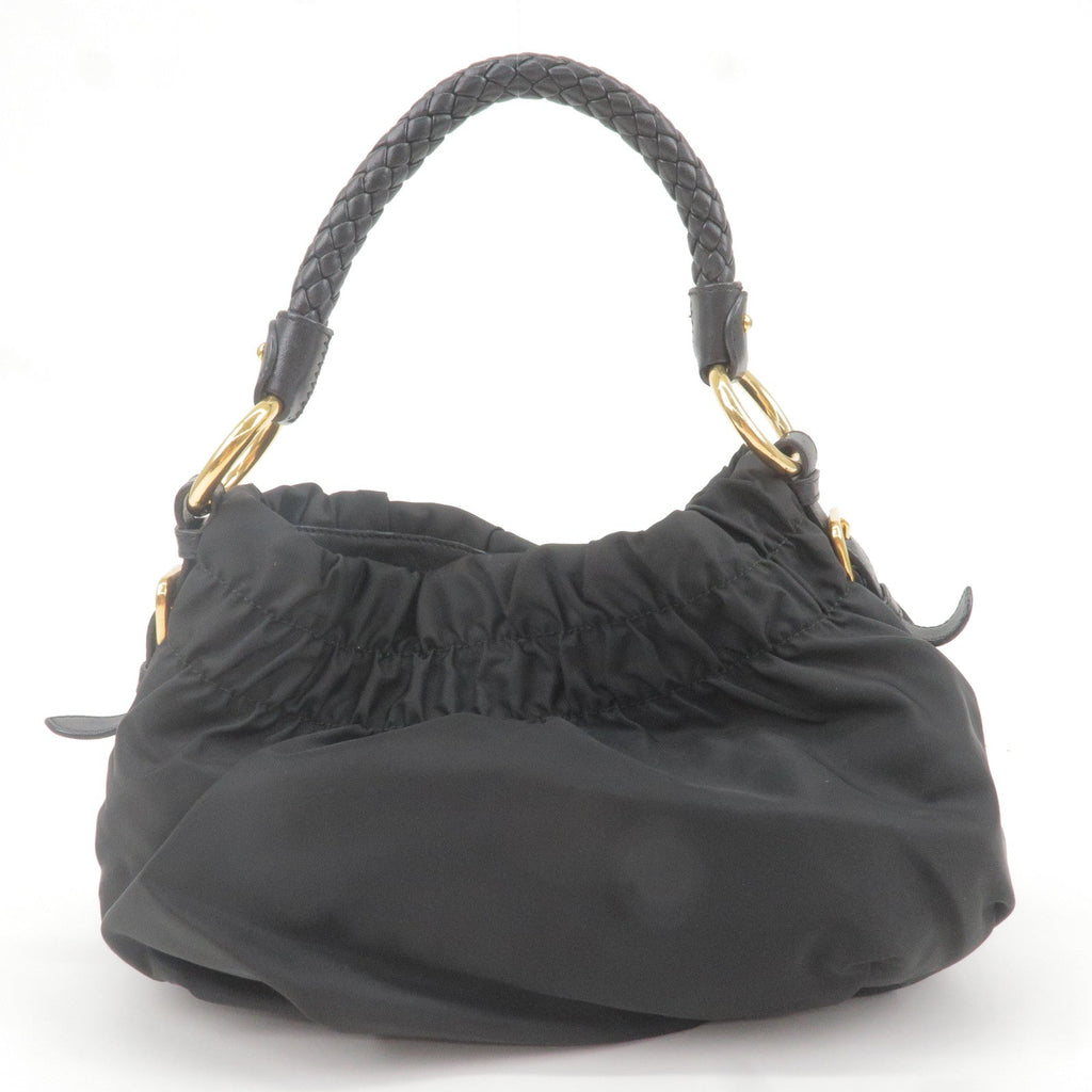 Prada Logo Nylon Leather Shoulder Bag Hand Bag Black BR4237