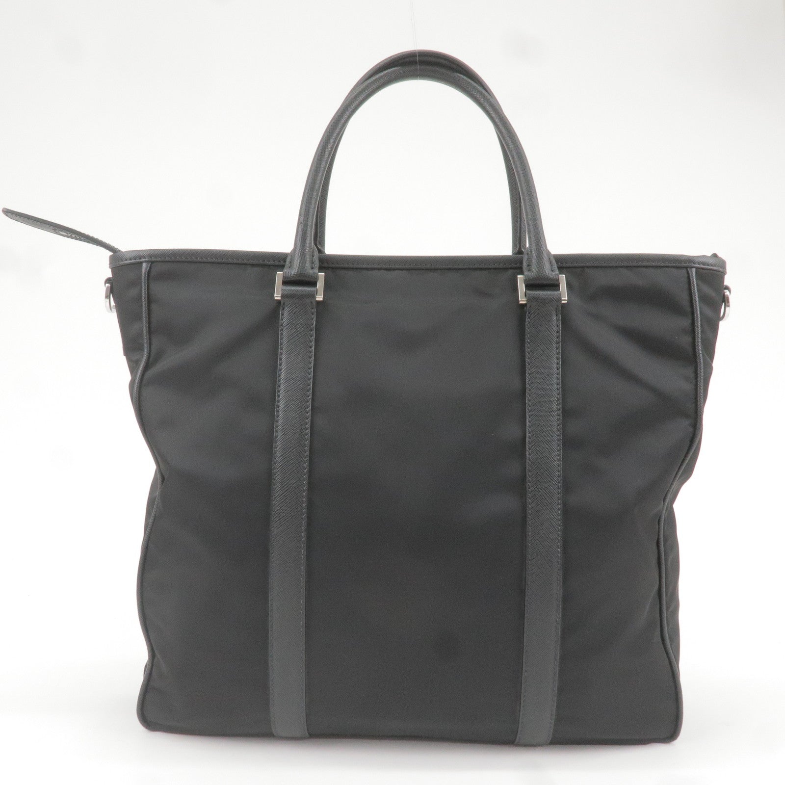Prada Logo Nylon Leather Tote Bag NERO Black 2VG034