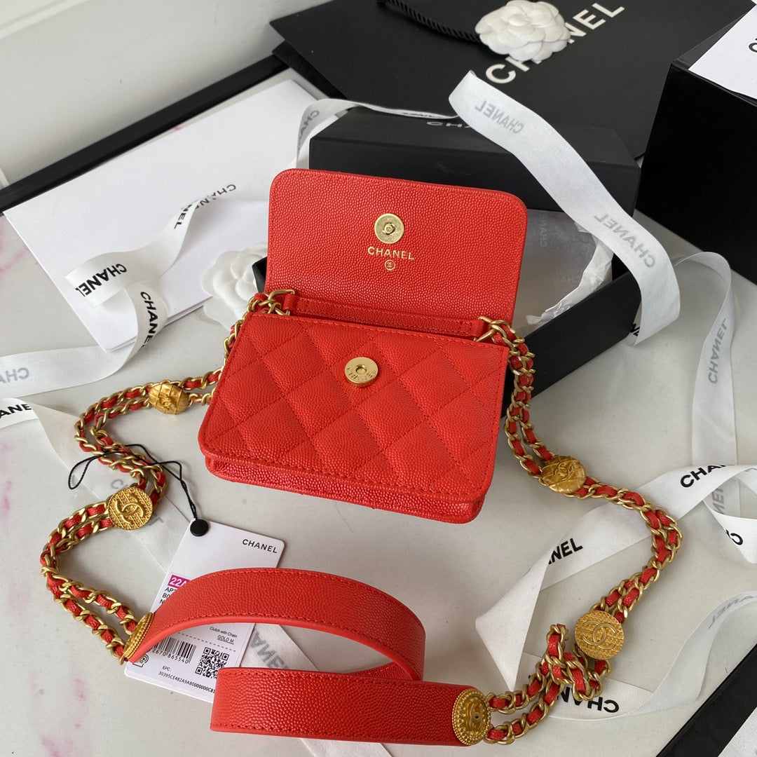 Chanel Clutch With Chain Gold Hardware Grained Shinny Red For Women Handbags, Shoulder Bags 4.7in/12cm AP2857