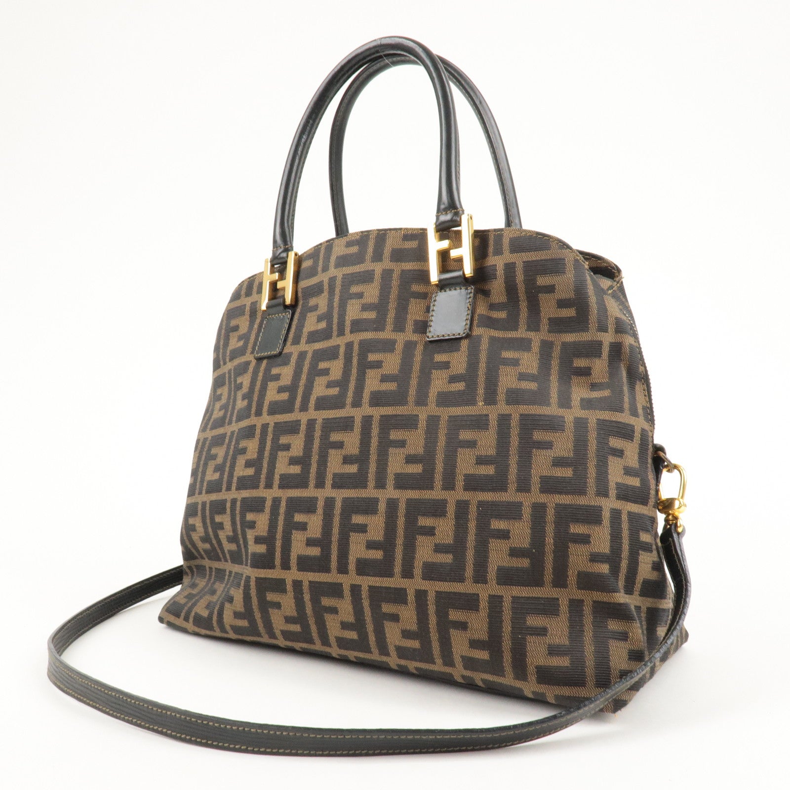 FENDI Zucca Canvas Leather 2Way Shoulder Bag Brown Black 14968