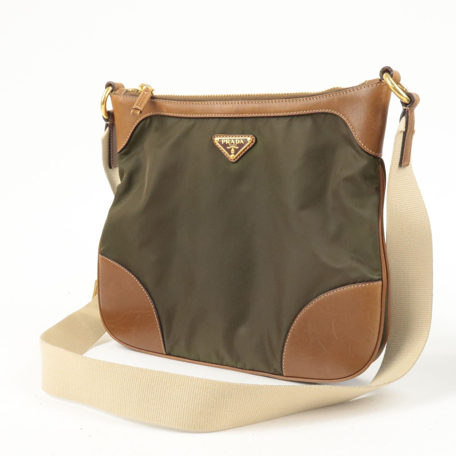 Prada Nylon Leather Shoulder Bag Khaki Br