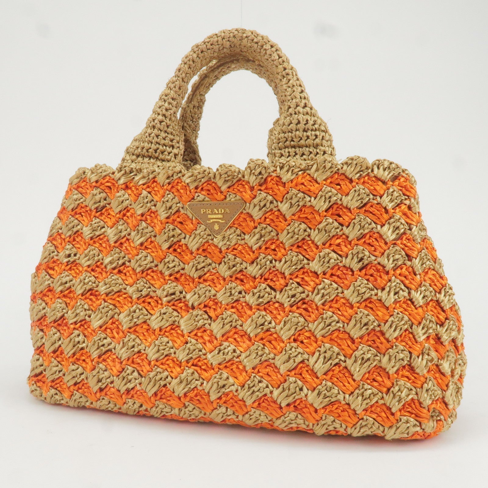 Prada Logo Raffia Crochet Tote Bag Hand Bag Br Orange BN2303