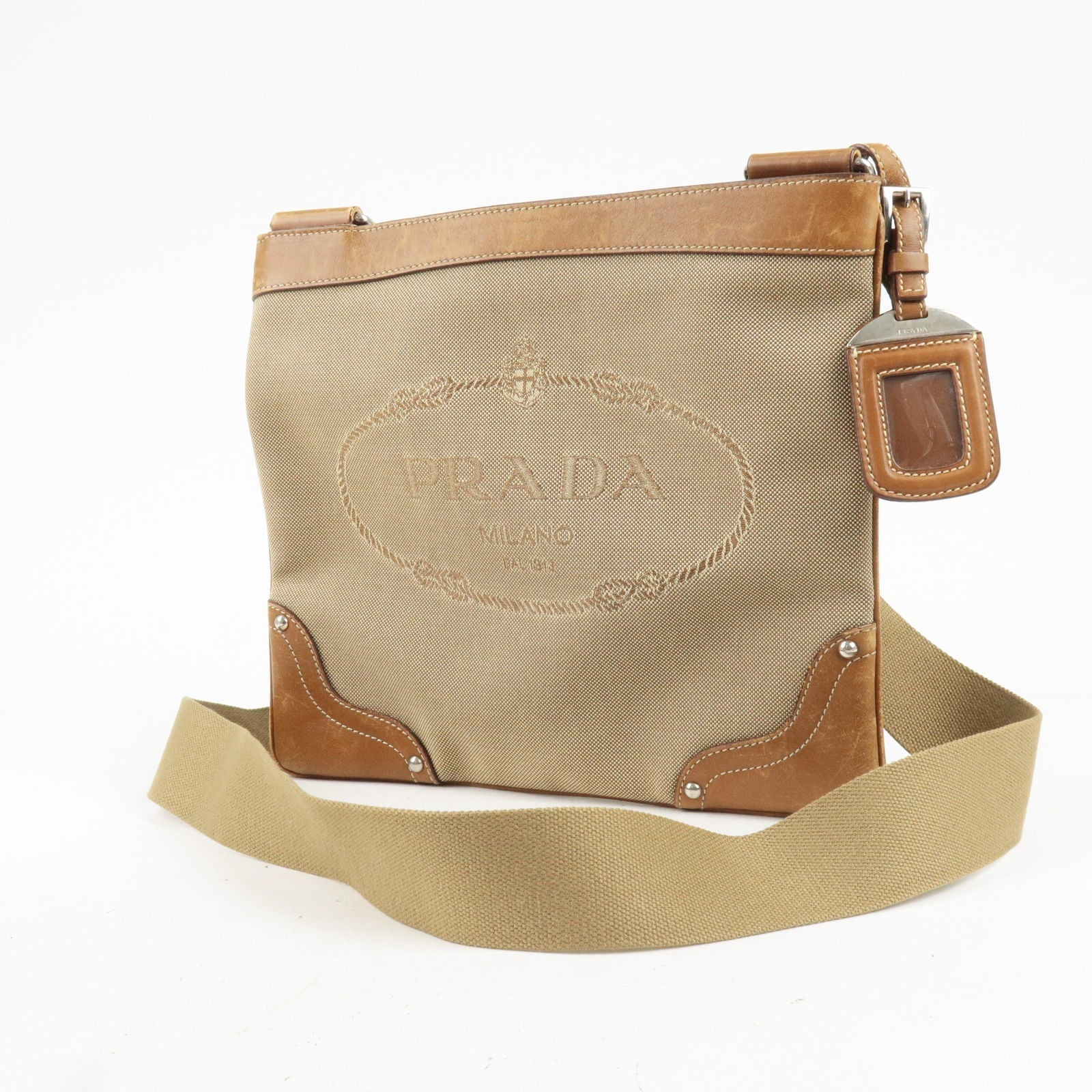 Prada Logo Jacquard Leather Shoulder Bag Beige Br BT0537