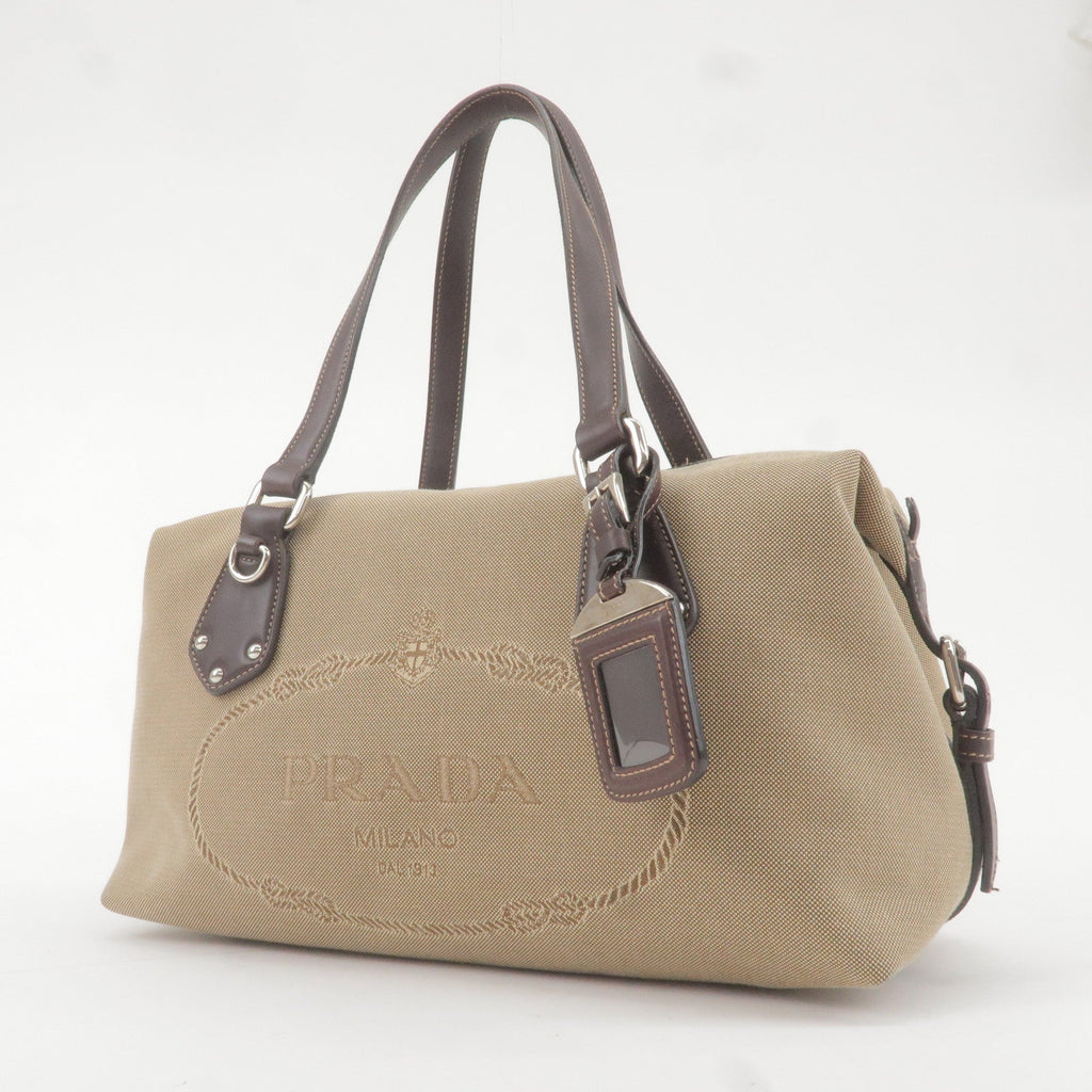 Prada Logo Jacquard Leather Boston Bag Beige Br BR3461