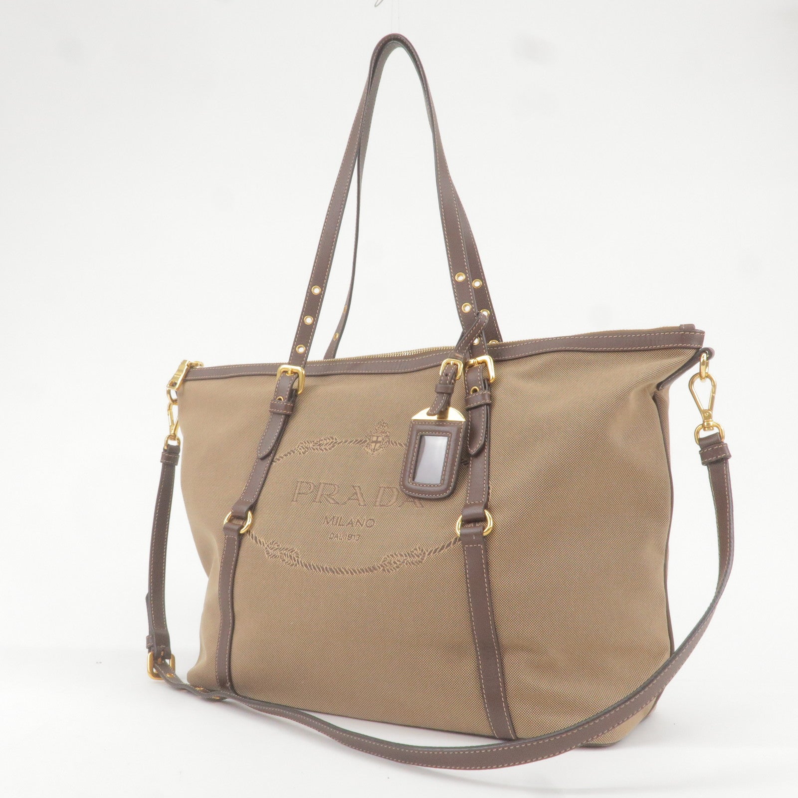 Prada Logo Jacquard Leather 2Way Tote Bag Beige Br BR4253