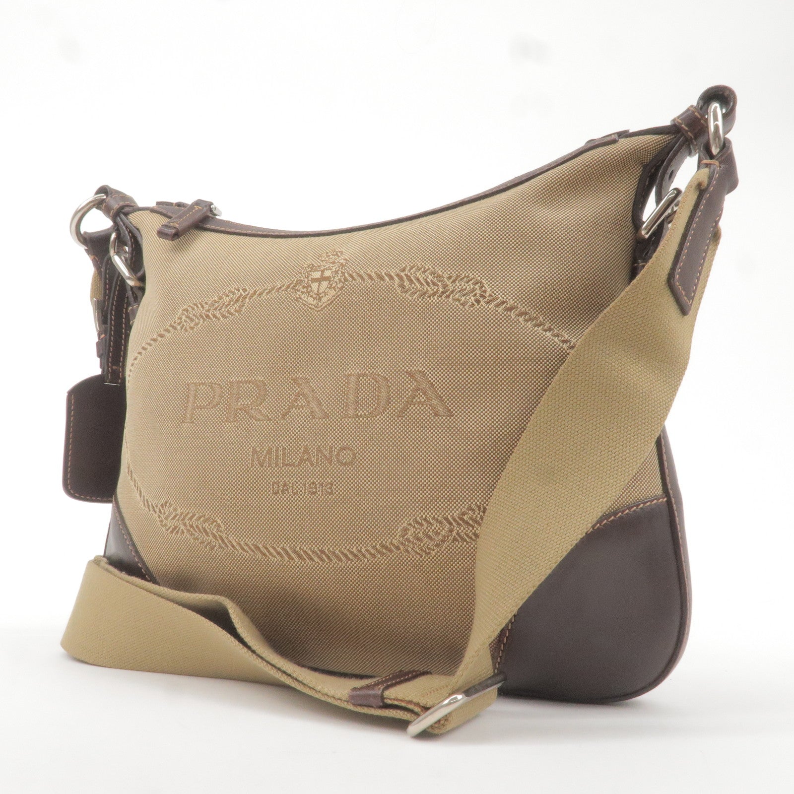 Prada Logo Jacquard Leather Shoulder Bag Beige Br BT0534