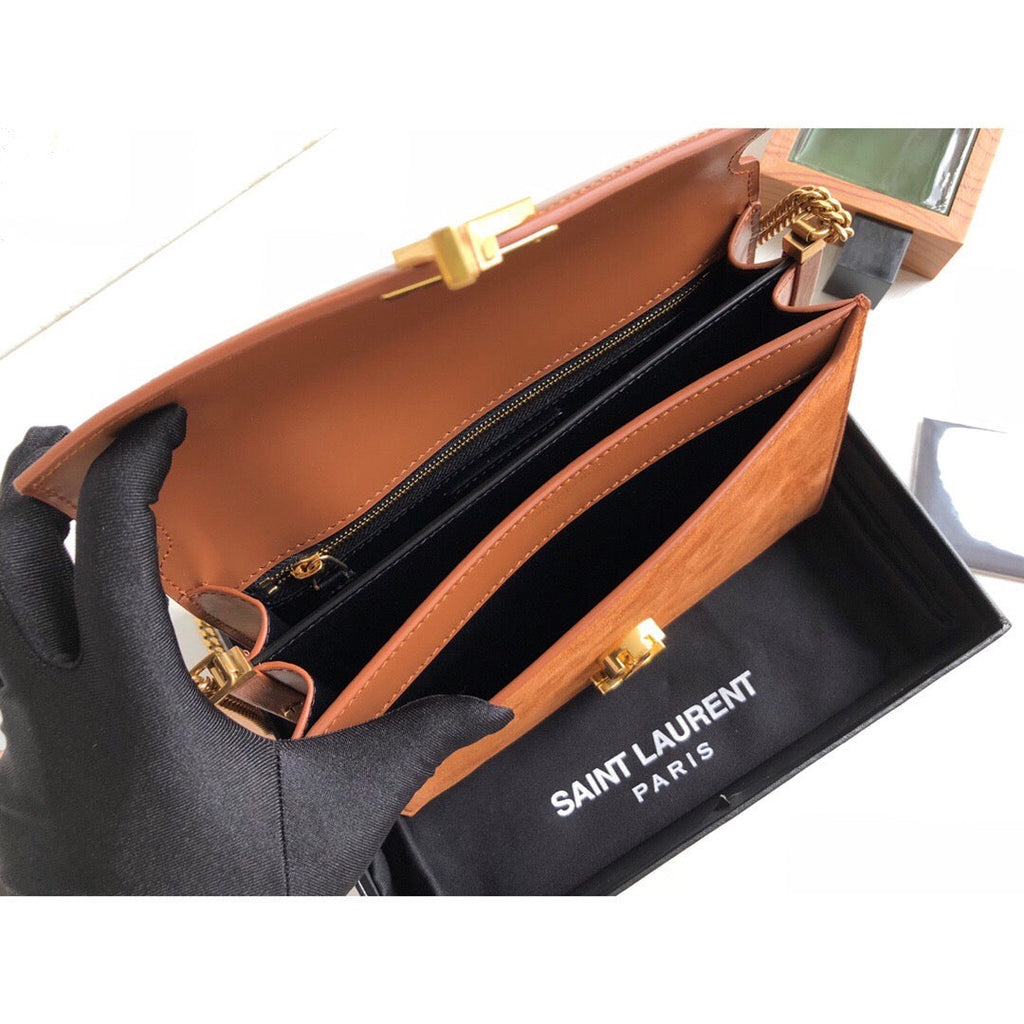 YSSL Cassandra Medium Chain Bag In Box And Velvet Orange For Women 8in/22cm YSL