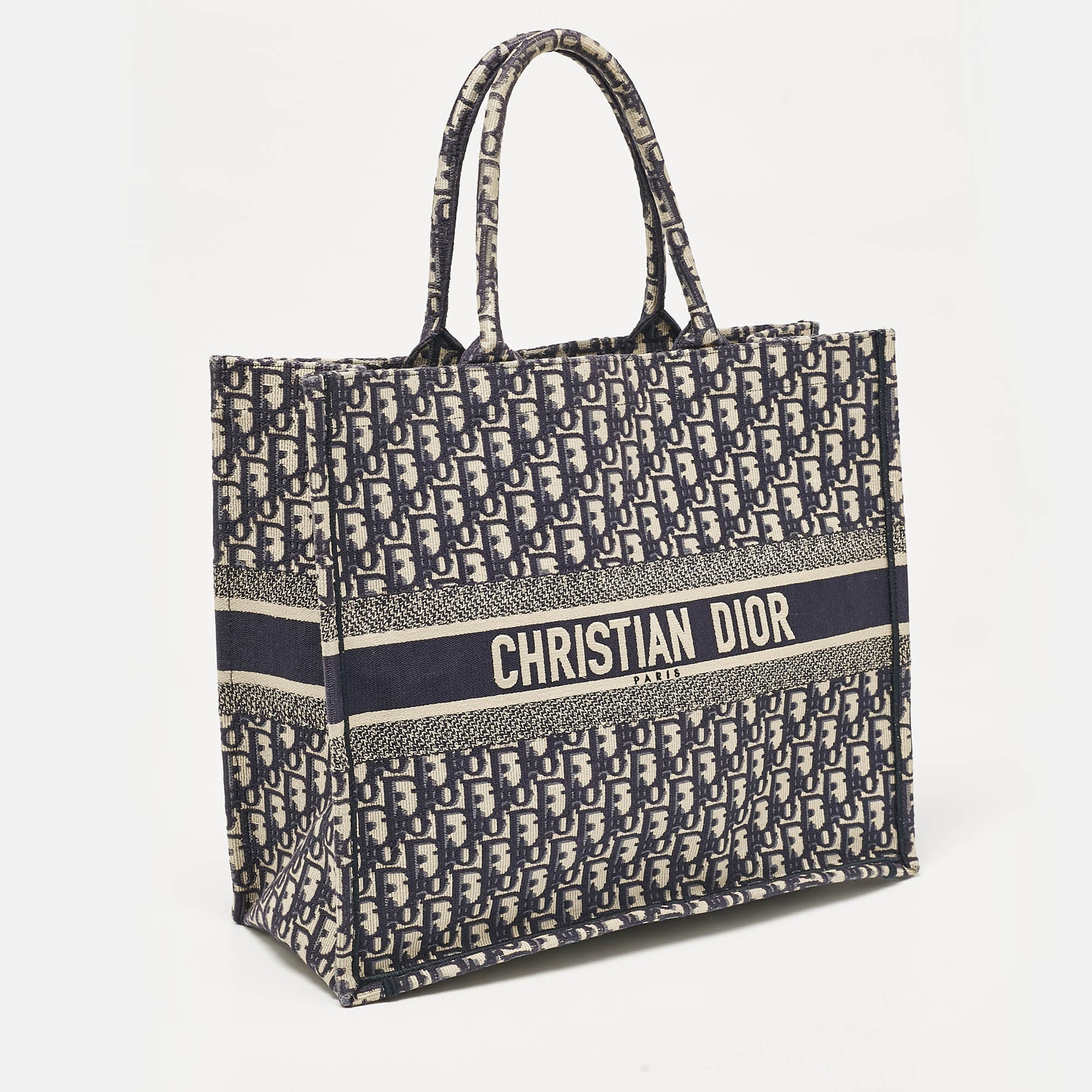Dior Navy Blue Oblique Embroidered Canvas Large Book Tote
