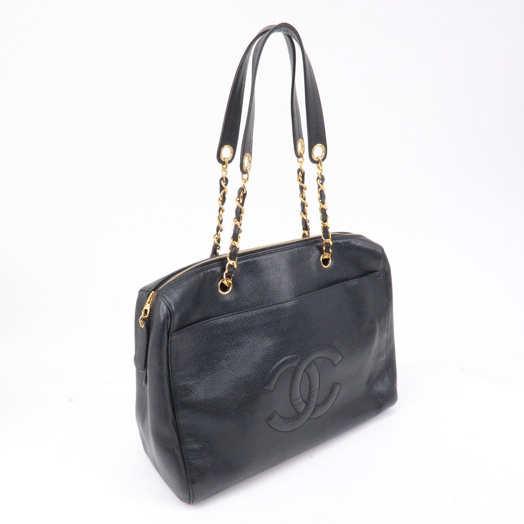 CHANEL Caviar Skin Chain Tote Bag Shoulder Bag Gold Black