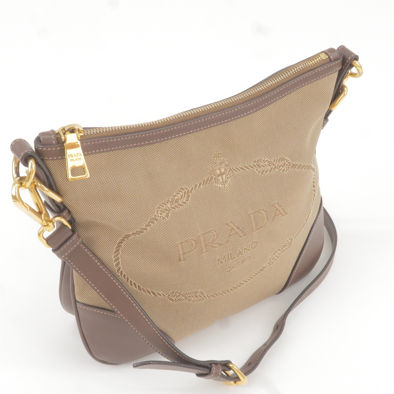Prada Logo Jacquard Leather Shoulder Bag Beige Br BT867A