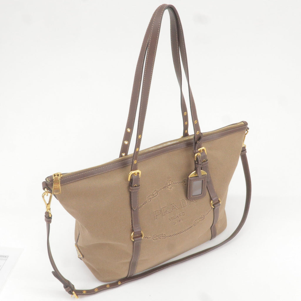 Prada Logo Jacquard Leather 2Way Tote Bag Beige Br BR4253