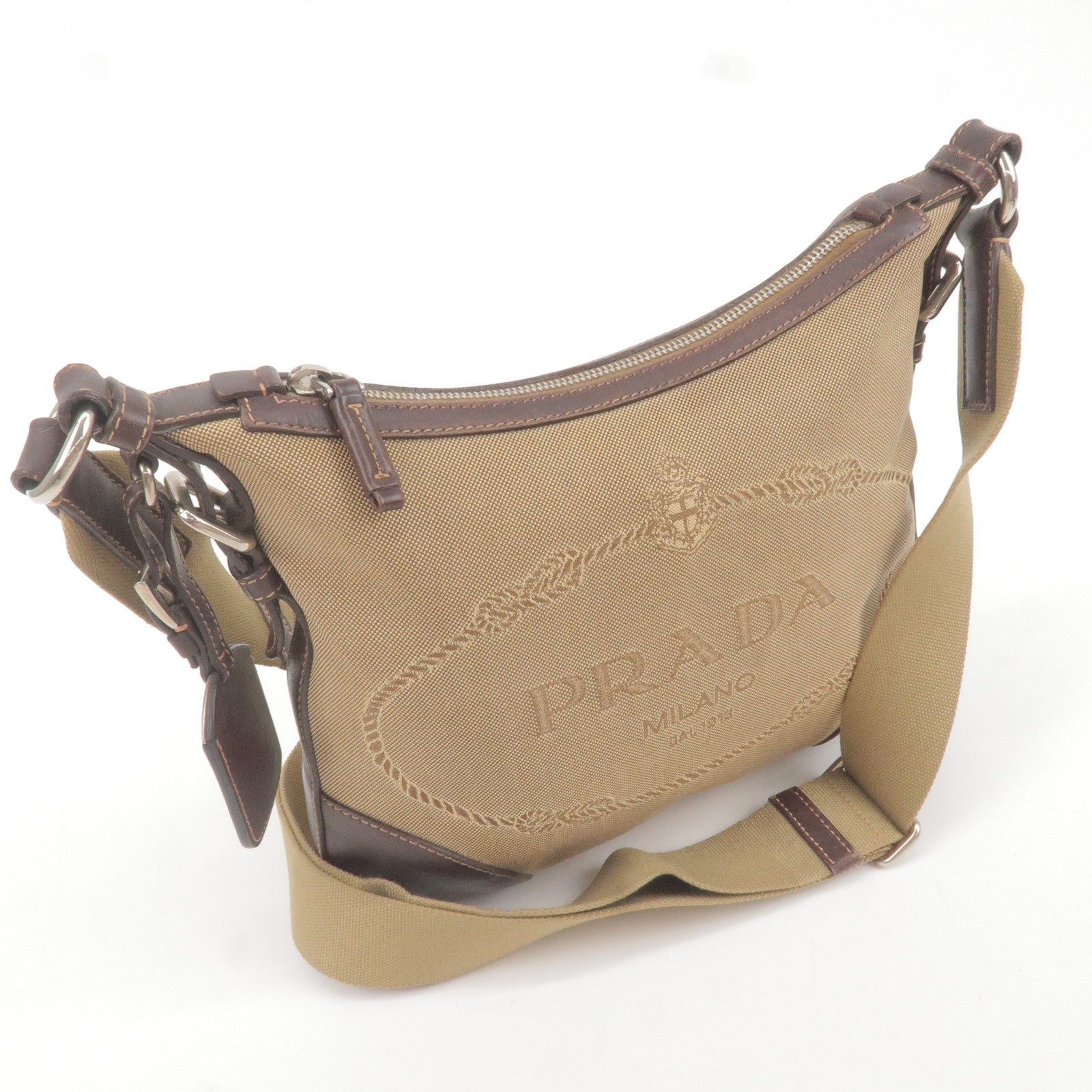 Prada Logo Jacquard Leather Shoulder Bag Beige Br BT0534