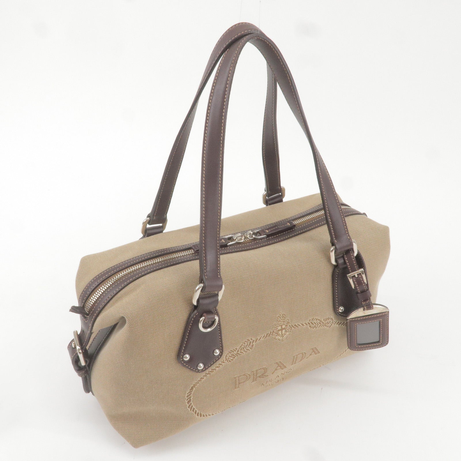 Prada Logo Jacquard Leather Boston Bag Beige Br BR3461