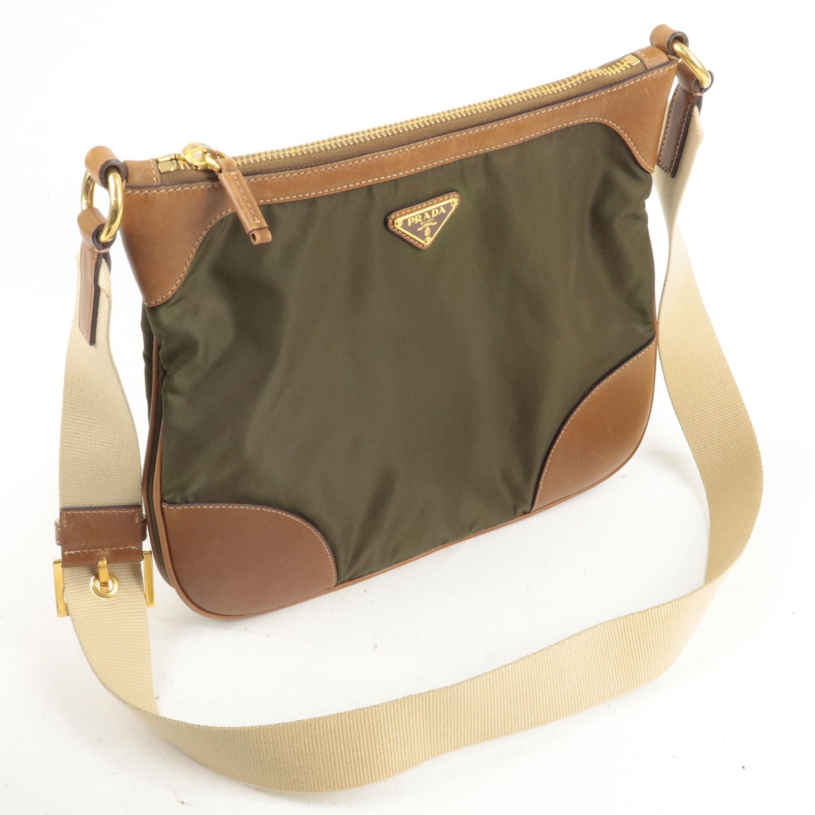 Prada Nylon Leather Shoulder Bag Khaki Br