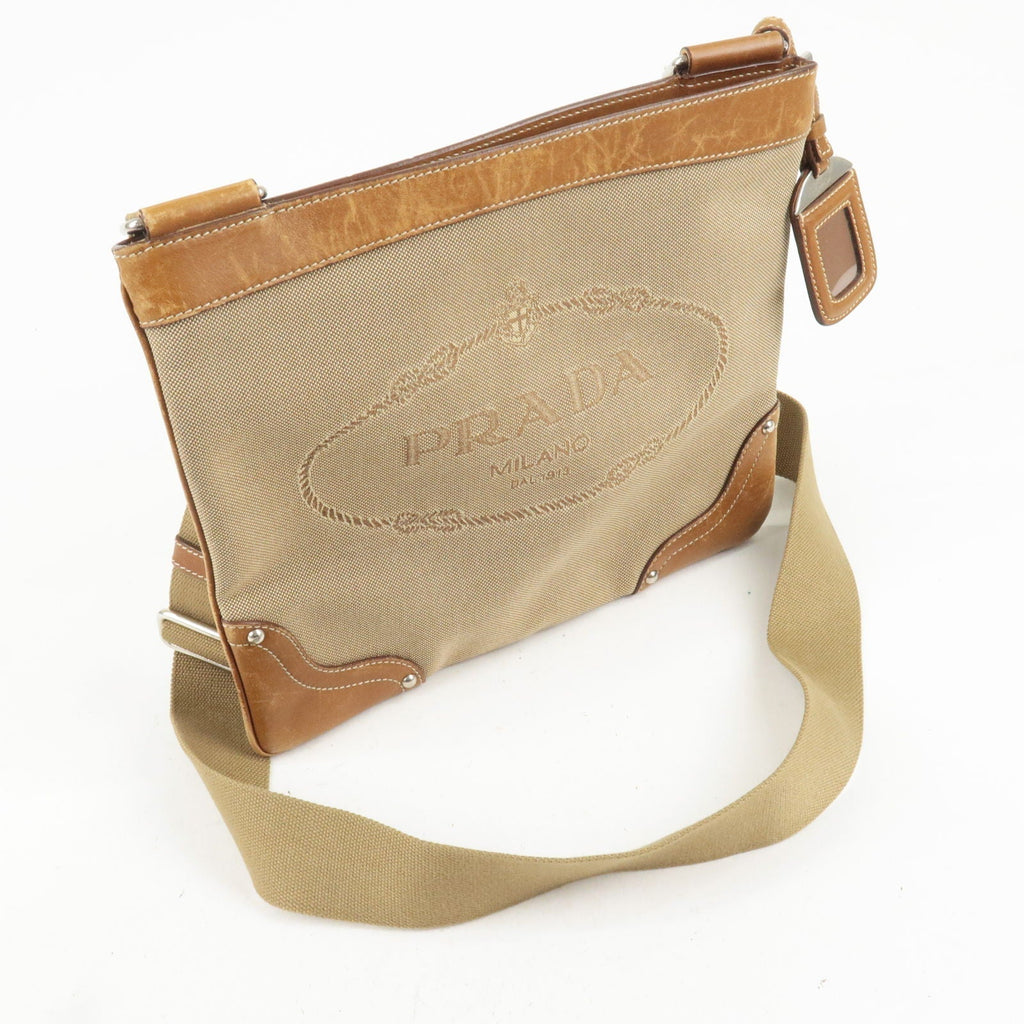 Prada Logo Jacquard Leather Shoulder Bag Beige Br BT0537