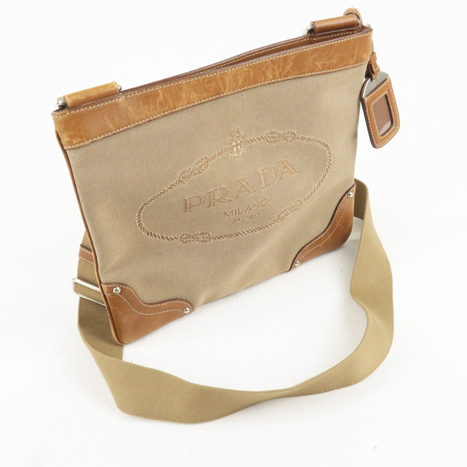 Prada Logo Jacquard Leather Shoulder Bag Beige Br BT0537