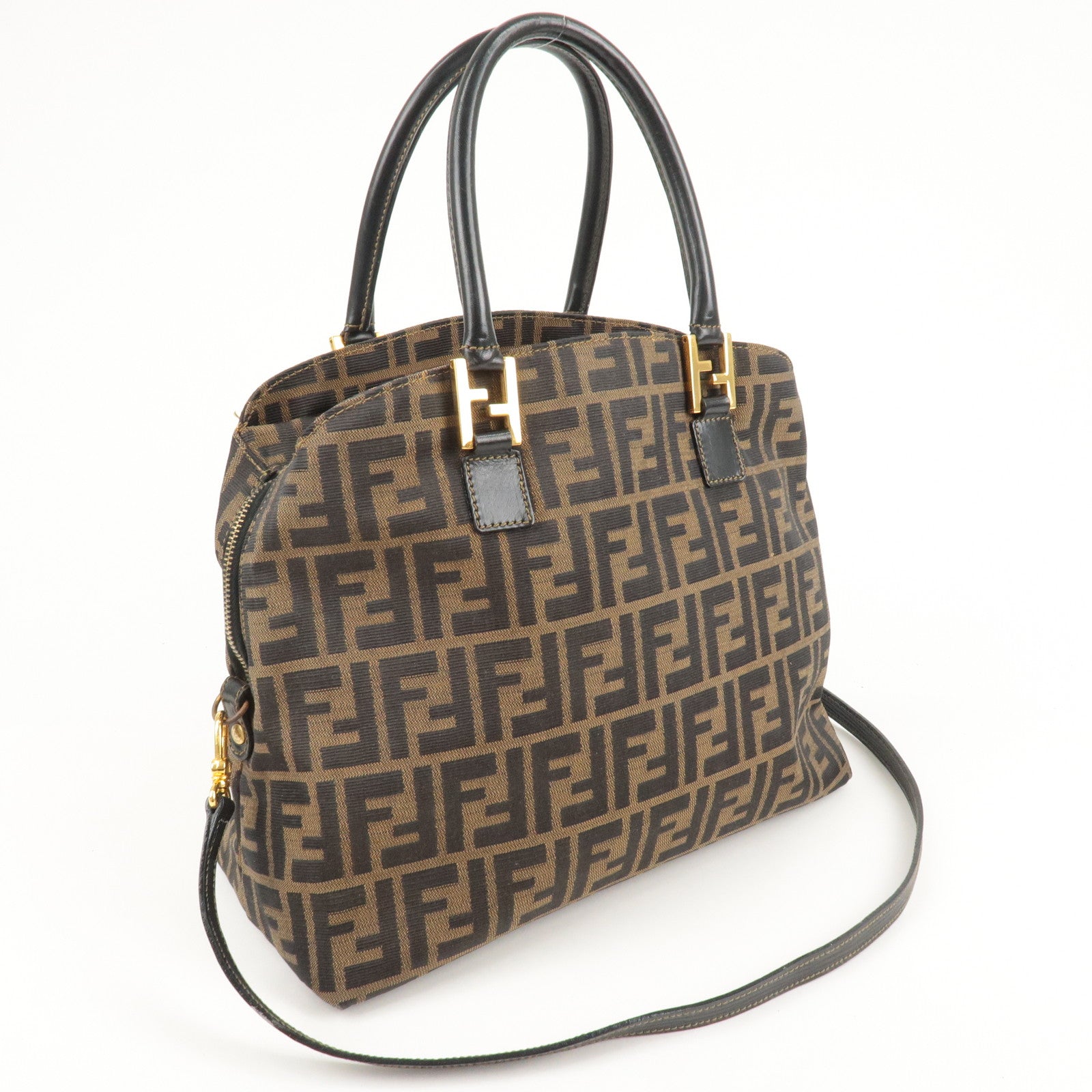 FENDI Zucca Canvas Leather 2Way Shoulder Bag Brown Black 14968
