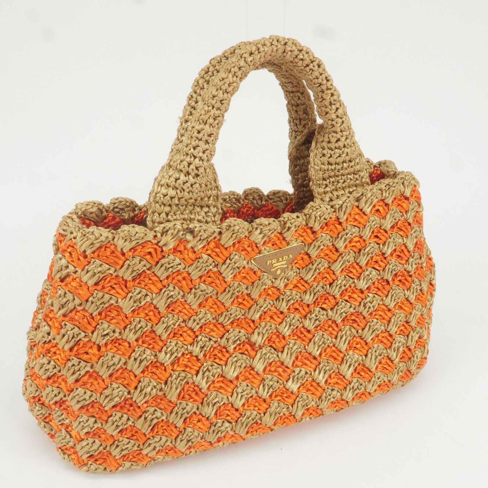 Prada Logo Raffia Crochet Tote Bag Hand Bag Br Orange BN2303