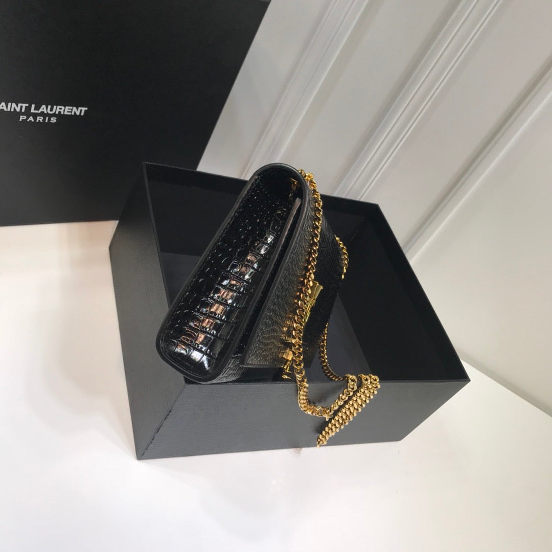 YSSL Kate Medium Chain Bag With Tassel In Embossed Crocodile Black For Women 9in/24cm YSL 354119DND0J1000
